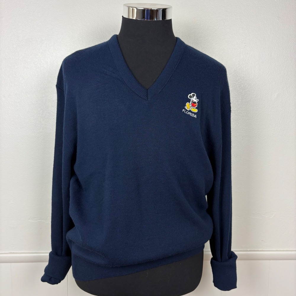 VelvaSheen Vintage Mickey Mouse Sweater Size L V-Neck Pullover Blue 80's Florida